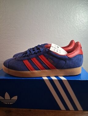 adidas Men’s Gazelle Suede Sneakers in Blue & Red with Gum Sole